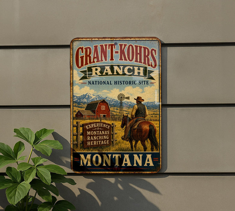 A vintage-style metal sign for Grant-Kohrs Ranch, a National Historic Site in Montana, featuring a cowboy on horseback and a barn in the background.