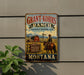 A vintage-style metal sign for Grant-Kohrs Ranch, a National Historic Site in Montana, featuring a cowboy on horseback and a barn in the background.