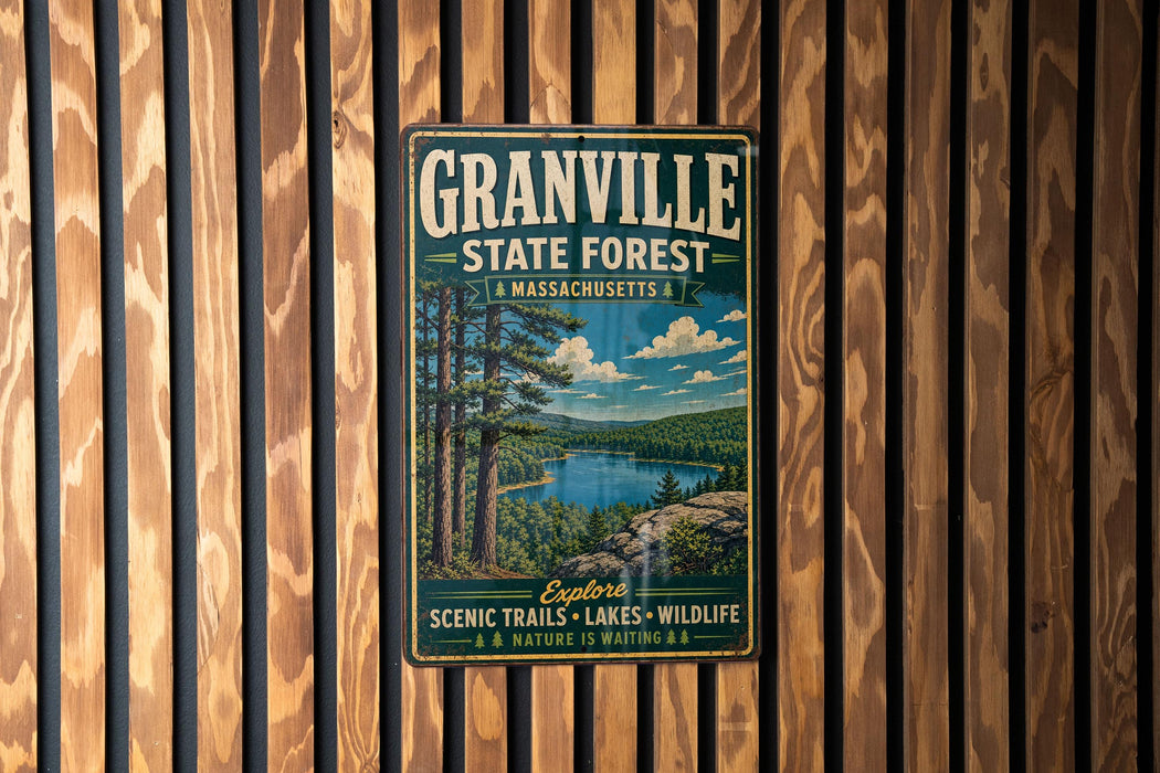 A vintage metal sign for Granville State Forest in Massachusetts, featuring a scenic landscape with pine trees, a lake, and mountains.