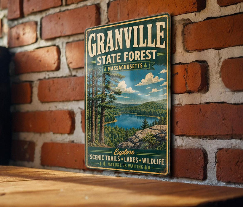 A vintage metal sign for Granville State Forest in Massachusetts, featuring a scenic image of a lake surrounded by pine trees and mountains.