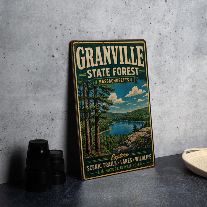 A vintage metal sign for Granville State Forest in Massachusetts, featuring a scenic illustration of a forest and a lake.
