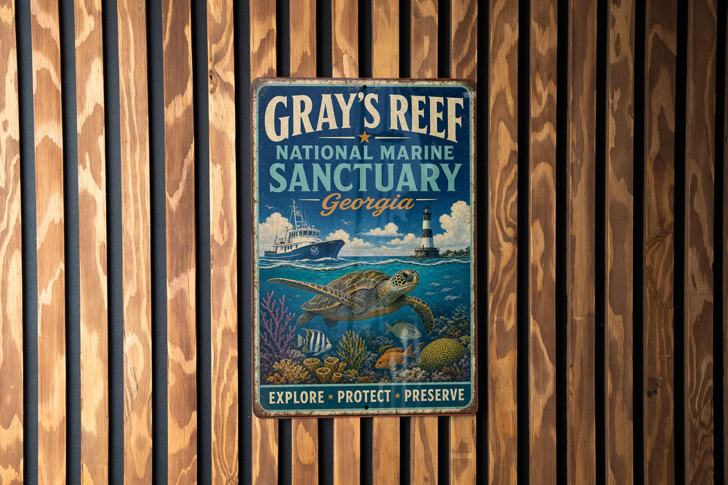 A vintage metal sign for the Gray's Reef National Marine Sanctuary in Georgia, featuring an illustration of a turtle swimming among coral and fish.