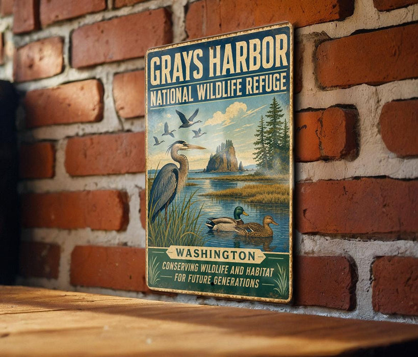 A vintage-style sign for the Grays Harbor National Wildlife Refuge in Washington, featuring an illustration of birds and a serene landscape.
