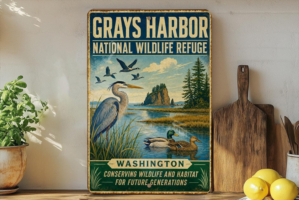 A vintage-style metal sign for the Grays Harbor National Wildlife Refuge in Washington, featuring an illustration of various birds in a natural setting.