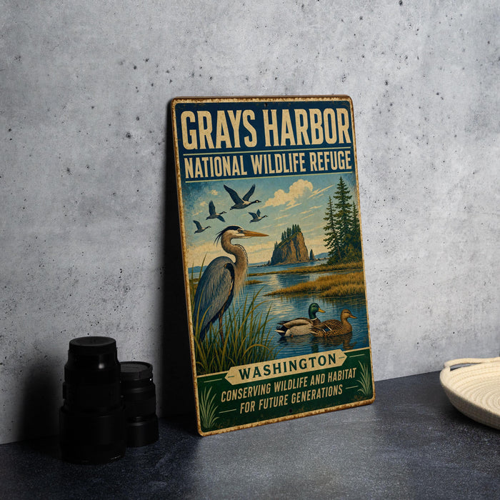 A vintage-style metal sign for the Gray's Harbor National Wildlife Refuge in Washington, featuring an illustration of birds and a serene landscape.