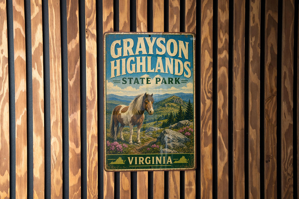 A vintage metal sign for Grayson Highlands State Park in Virginia, featuring a horse in a mountainous landscape.
