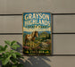A vintage-style metal sign for Grayson Highlands State Park in Virginia, featuring a horse in a mountainous landscape.