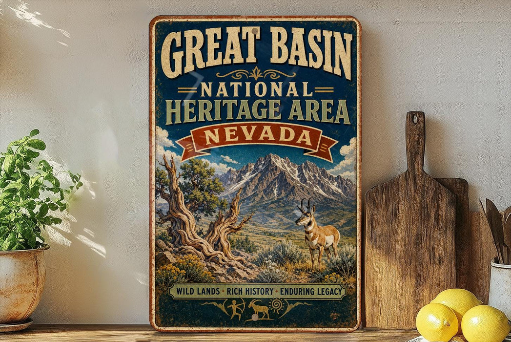 A vintage-style sign for the Great Basin National Heritage Area in Nevada, featuring a mountain landscape and a gazelle.
