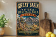 A vintage-style sign for the Great Basin National Heritage Area in Nevada, featuring a mountain landscape and a gazelle.