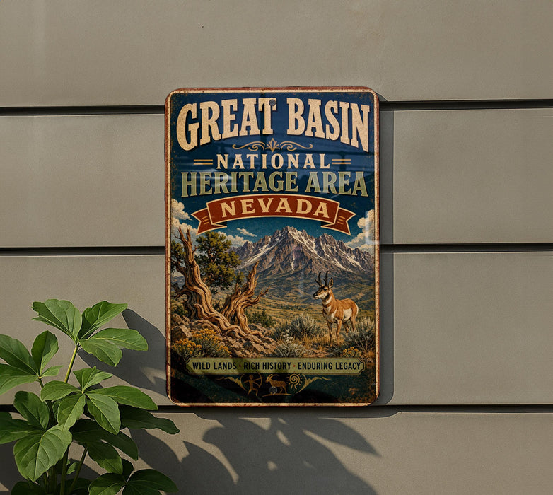 A vintage-style metal sign for the Great Basin National Heritage Area in Nevada, featuring a mountain landscape and a deer.