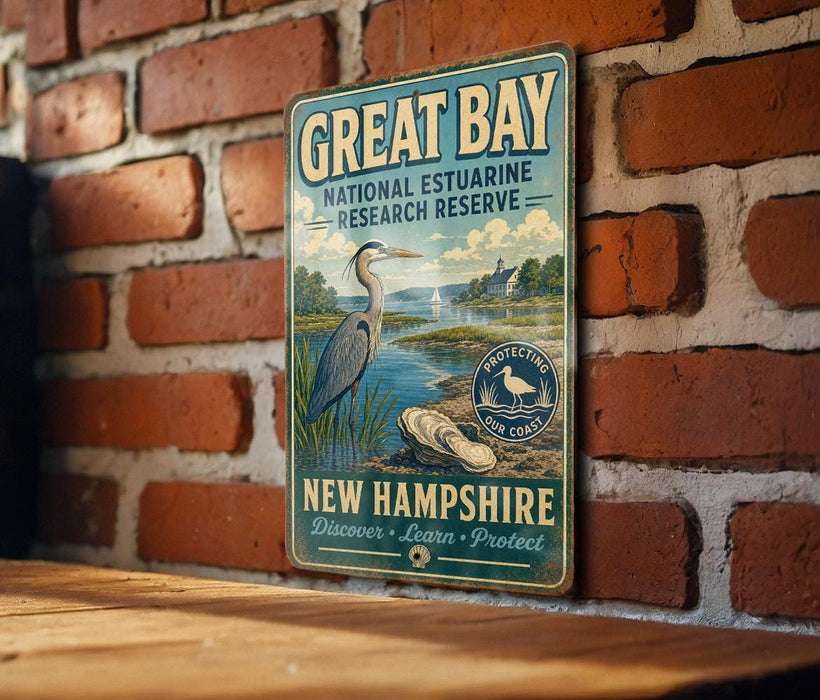 A vintage-style metal sign for the Great Bay National Estuarine Research Reserve in New Hampshire, featuring an illustration of a heron and a coastal landscape.