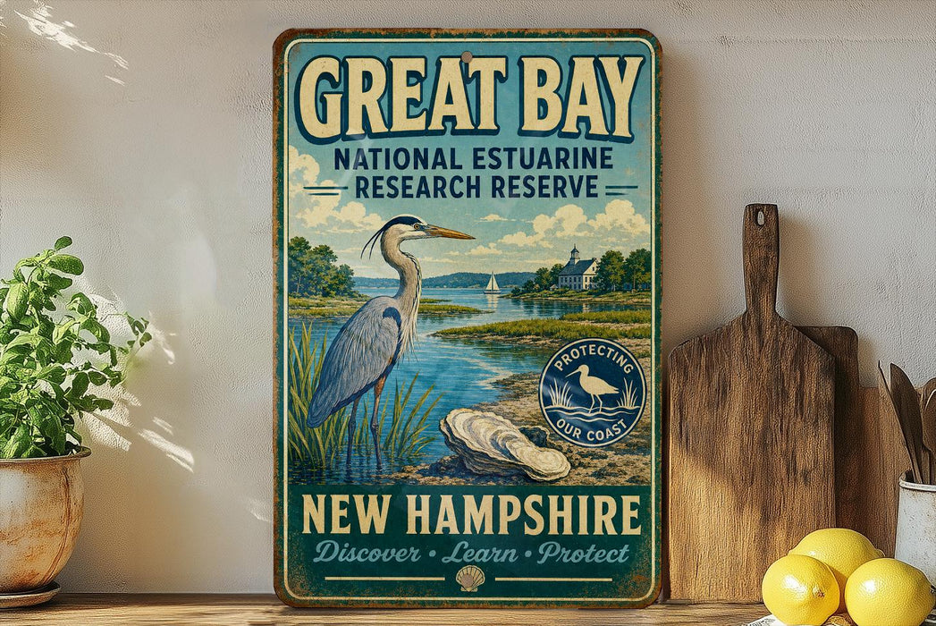 A vintage-style metal sign for the Great Bay National Estuarine Research Reserve in New Hampshire, featuring an illustration of a heron and a coastal landscape.