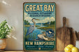 A vintage-style metal sign for the Great Bay National Estuarine Research Reserve in New Hampshire, featuring an illustration of a heron and a coastal landscape.