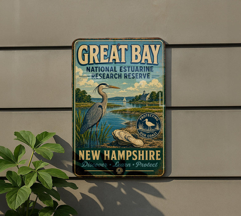 A vintage-style sign for the Great Bay National Estuarine Research Reserve in New Hampshire, featuring a blue heron and a scenic landscape.