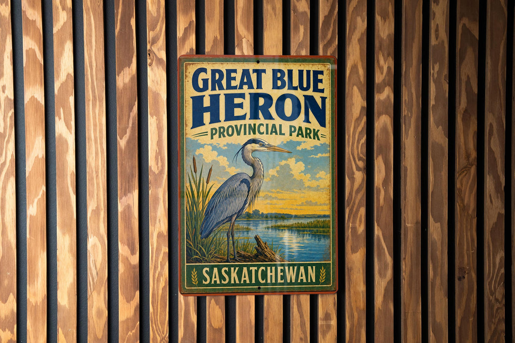 A vintage-style sign for Great Blue Heron Provincial Park in Saskatchewan, featuring a heron standing in a grassy area with a lake in the background.