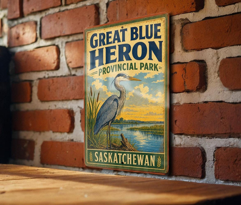 A vintage-style sign for Great Blue Heron Provincial Park in Saskatchewan, featuring a heron standing on a log near a river.