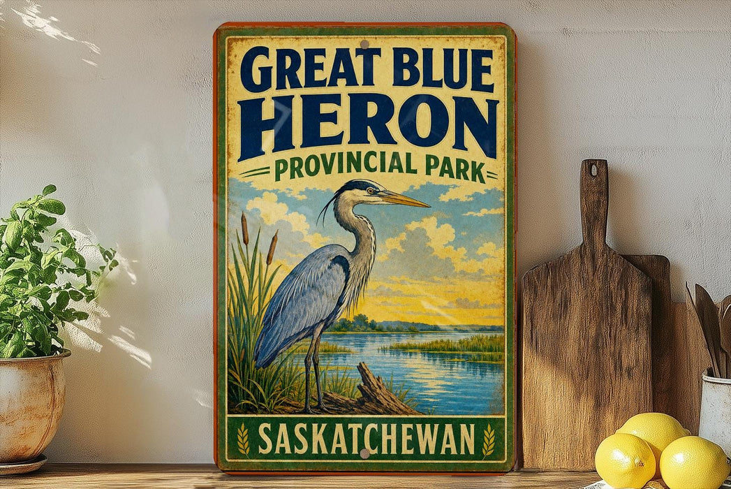 A vintage-style sign for "Great Blue Heron Provincial Park" in Saskatoon, featuring an illustration of a heron standing on a grassy bank overlooking a river.