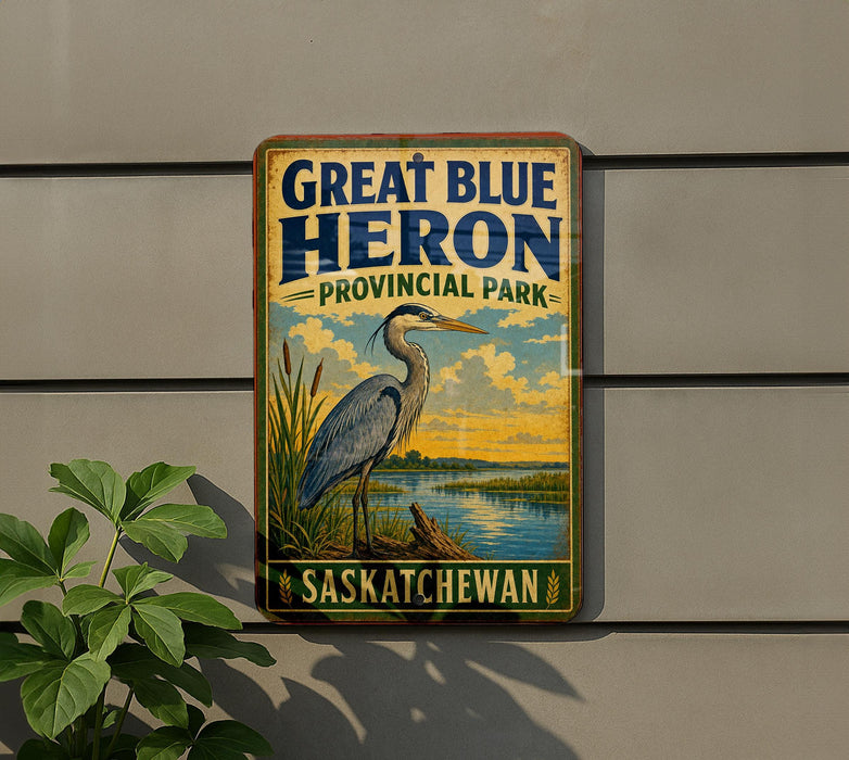 A vintage-style sign for Great Blue Heron Provincial Park in Saskatchewan, Canada, featuring an illustration of a heron standing on a grassy bank with a body of water in the background.