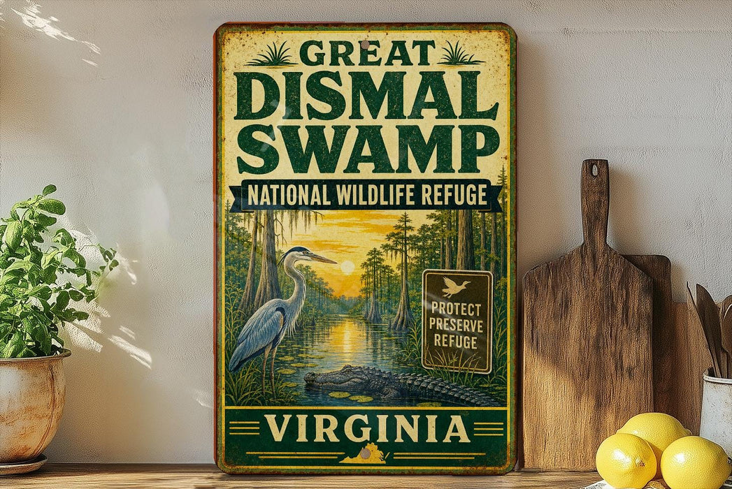 A vintage-style metal sign for the Great Dismal Swamp National Wildlife Refuge in Virginia, featuring an illustration of a heron and a swampy landscape.