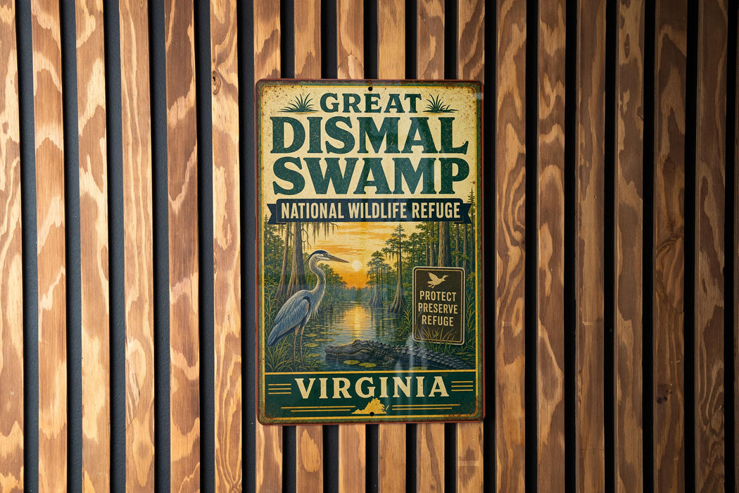 A vintage-style metal sign for the Great Dismal Swamp National Wildlife Refuge in Virginia, featuring an illustration of a bird and a swampy landscape.