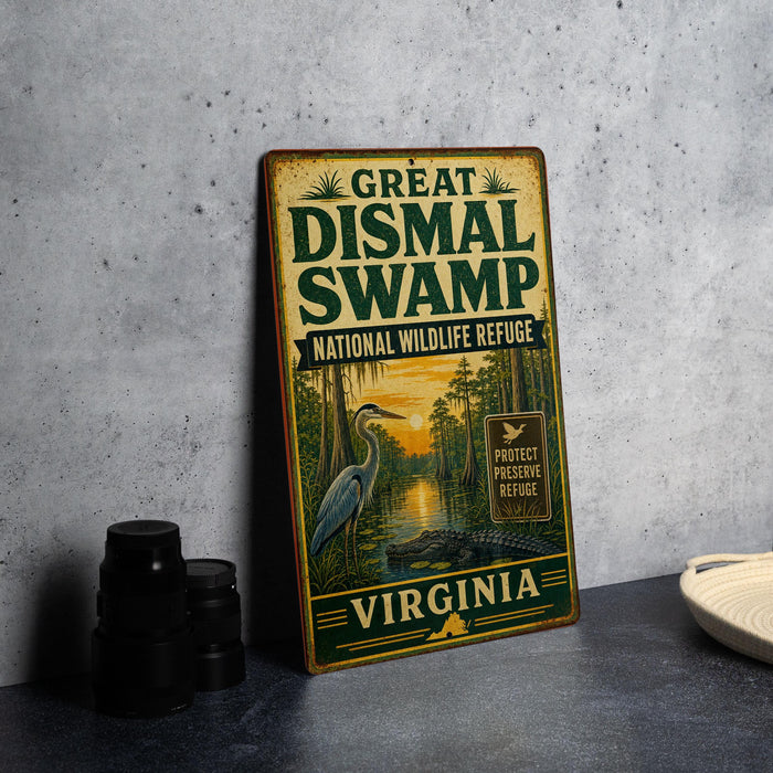 A vintage-style metal sign for the Great Dismal Swamp National Wildlife Refuge in Virginia, featuring an illustration of a bird and a swamp environment.