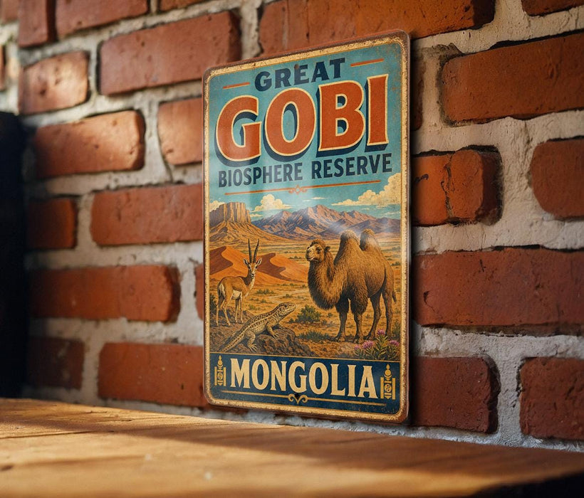 A vintage-style metal sign with the text "GREAT GOBI BIOSPHERE RESERVE MONGOLIA" is displayed on a brick wall.