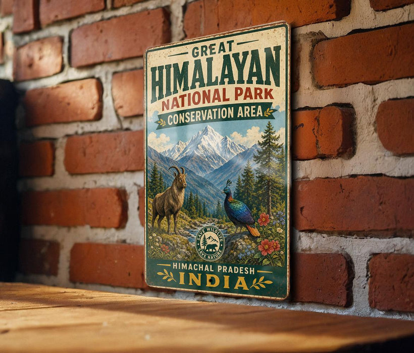 A vintage-style metal sign for the Himalayan National Park in India, featuring a mountain landscape with a goat and a peacock.