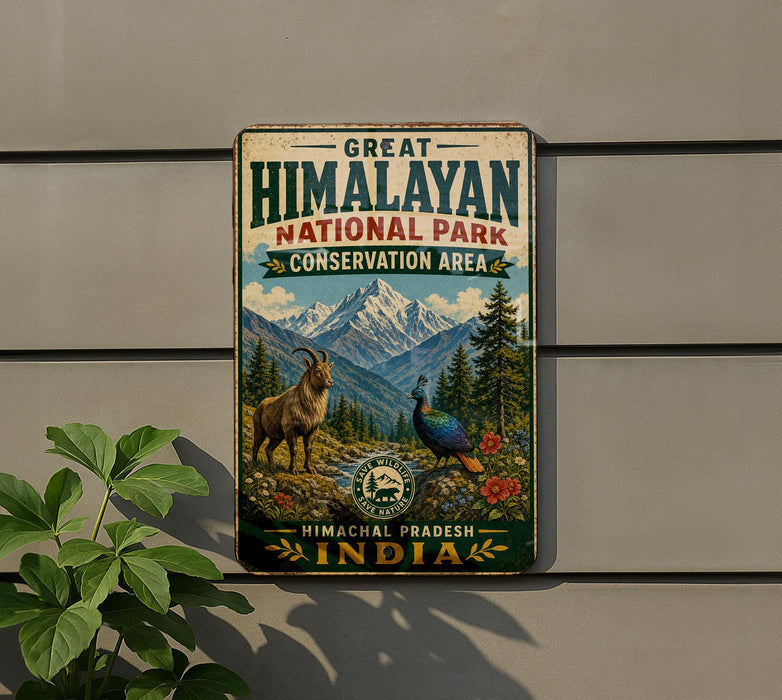 A vintage-style metal sign for the Himalayan National Park, featuring a mountain landscape with a goat and a peacock, mounted on a wall.