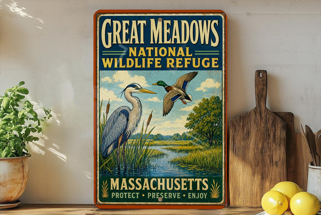 A framed vintage-style poster advertising the Great Meadows National Wildlife Refuge in Massachusetts, featuring illustrations of birds and a scenic landscape.