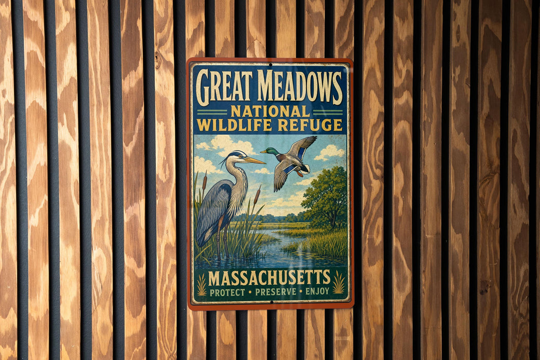 A vintage-style metal sign for the Great Meadows National Wildlife Refuge in Massachusetts, featuring an illustration of a heron and a duck in a grassy area with a river.