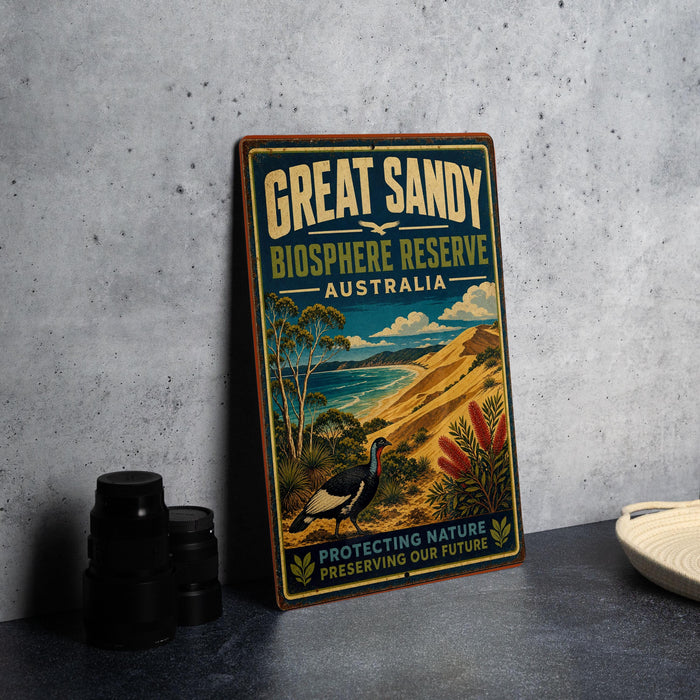 A vintage-style sign for the Great Sandy Biosphere Reserve in Australia, featuring a bird and a landscape scene.