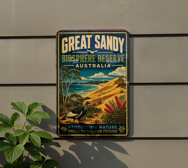 A vintage-style metal sign for the Great Sandy Biosphere Reserve in Australia, featuring a bird and a scenic landscape.