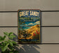 A vintage-style metal sign for the Great Sandy Biosphere Reserve in Australia, featuring a bird and a scenic landscape.