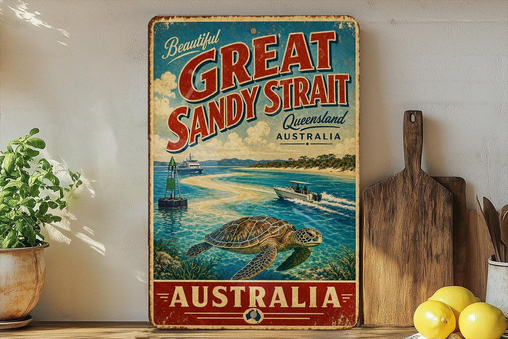 A vintage-style sign advertising the Great Sandy Strait in Australia, featuring a scenic illustration of a boat and a turtle in the water.