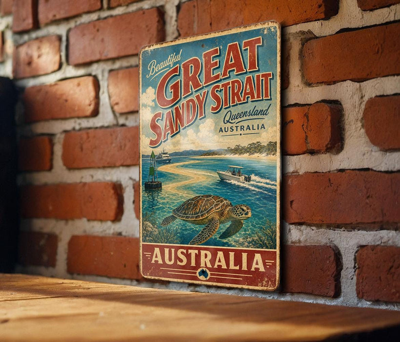 A vintage-style sign for the Great Sandy Strait in Australia, featuring a scenic illustration of the strait with a turtle and boats.