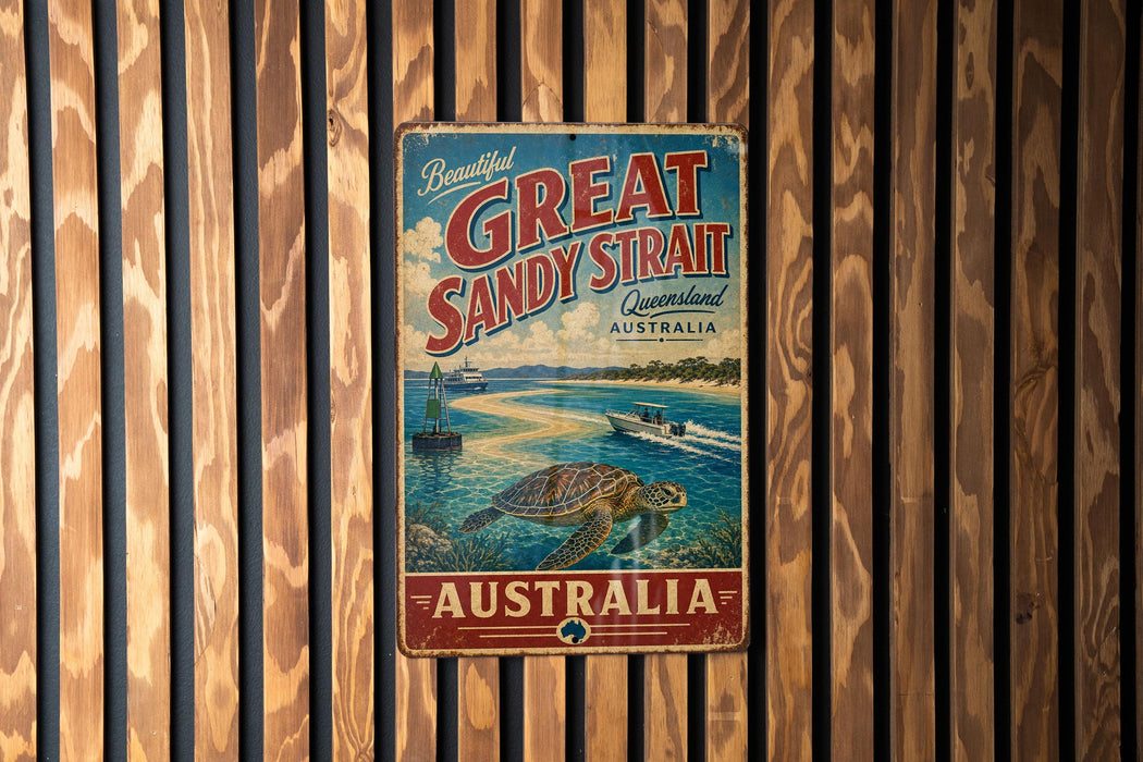 A vintage-style metal sign advertising "Beautiful Great Sandy Strait" in Australia, featuring a scenic image of a beach and ocean.