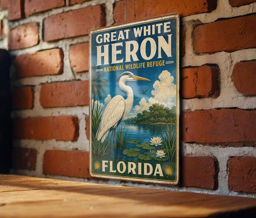 A vintage-style metal sign with a white heron and a tropical landscape, mounted on a brick wall.