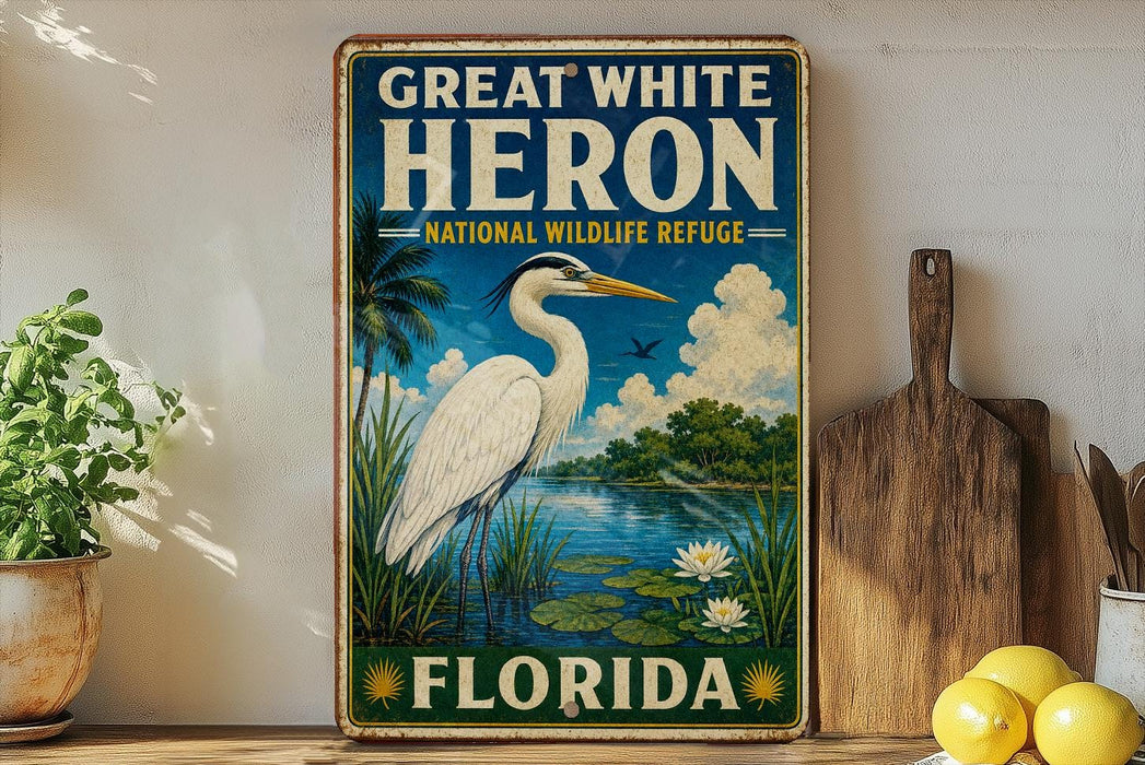 A vintage-style sign for the Great White Heron National Wildlife Refuge in Florida, featuring an illustration of a heron standing on a pond surrounded by palm trees and other natural elements.