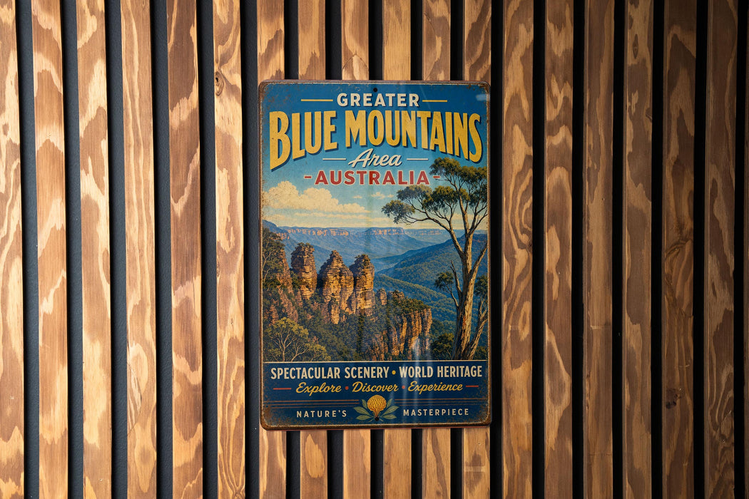 A vintage metal sign advertising the Great Blue Mountains in Australia, featuring a scenic landscape with mountains, trees, and a blue sky.