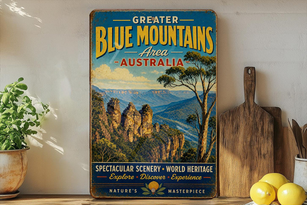 a vintage-style sign for the "Greater Blue Mountains Area of Australia", with a scenic image of the Blue Mountains in the background. The sign also includes the text "Spectacular Scenery - World Heritage" and "Explore, Discover, Experience", suggesting the area is a popular tourist destination.