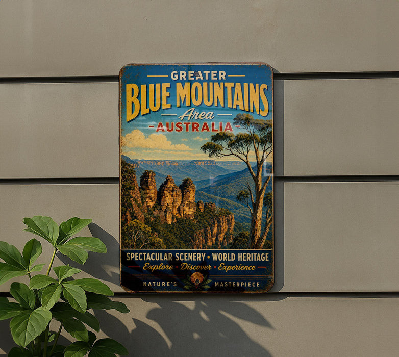 a vintage-style sign for the Blue Mountains area in Australia, with a scenic illustration of the landscape.