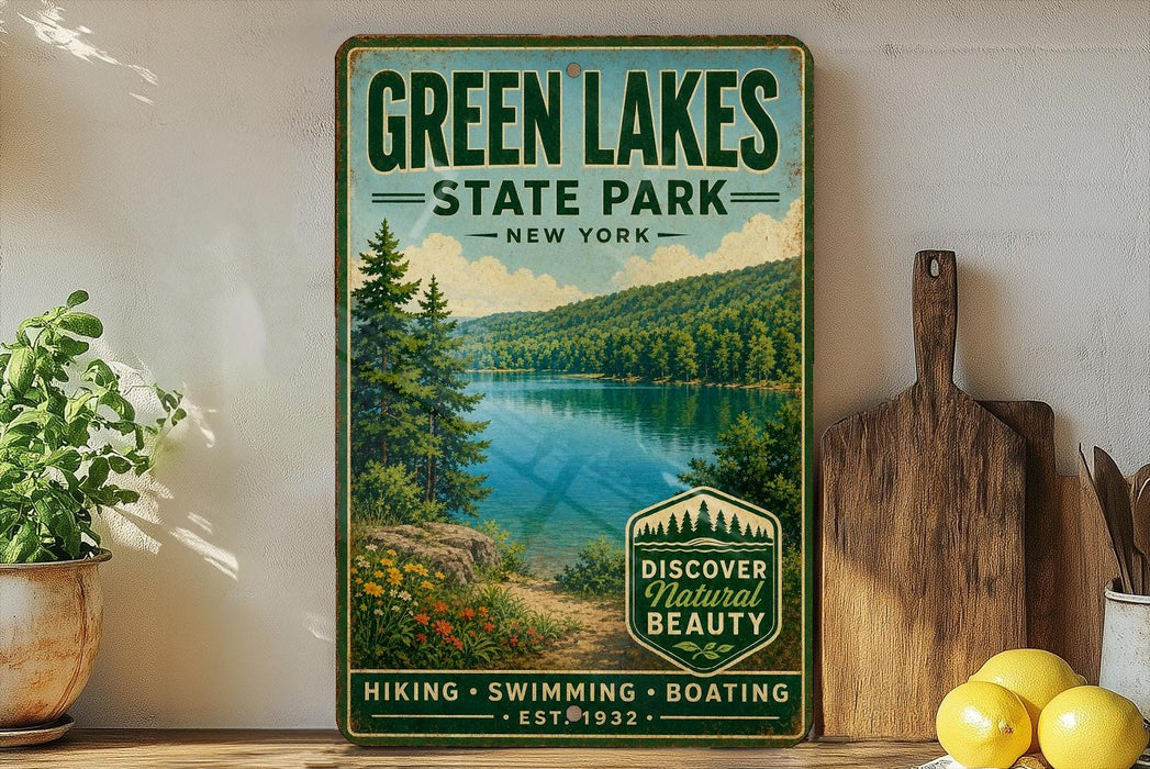 A vintage-style metal sign for Green Lakes State Park in New York, featuring a scenic image of the lake surrounded by trees and mountains.