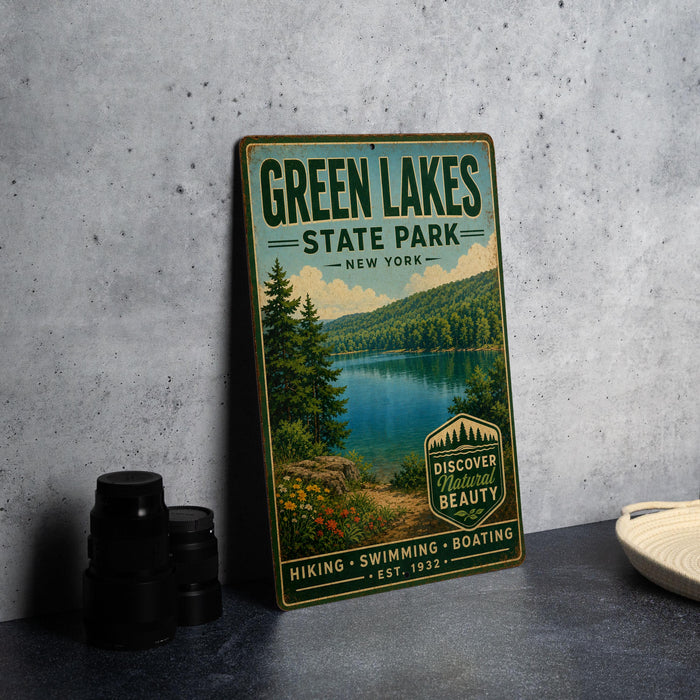 A vintage-style metal sign for Green Lakes State Park in New York, featuring a scenic image of the lake surrounded by trees and mountains.