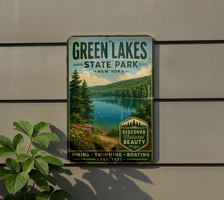 A vintage-style sign for Green Lakes State Park in New York, featuring a scenic image of the lake surrounded by trees and mountains.