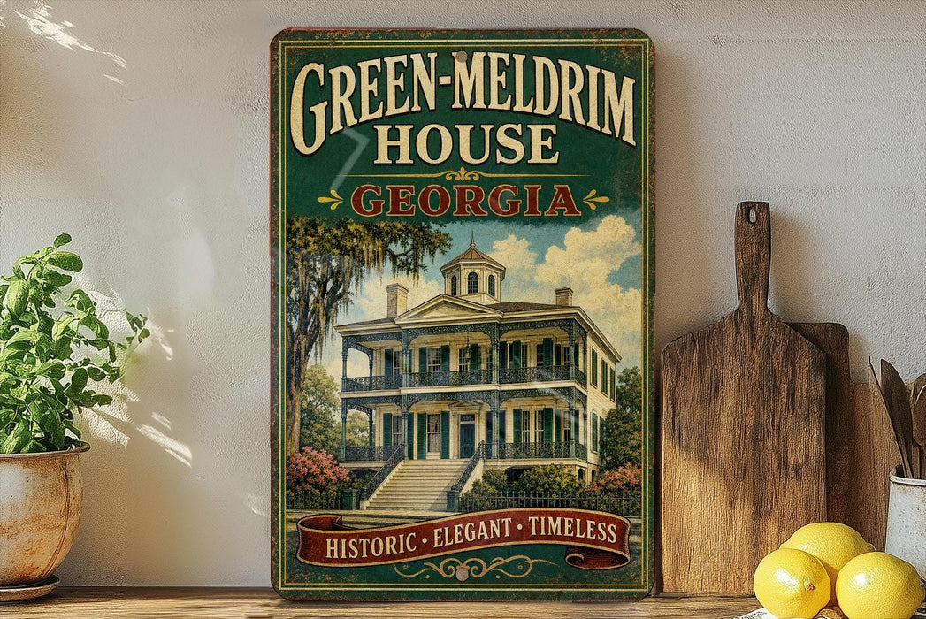 A vintage-style sign for the Green-MELDrim House in Georgia, featuring a large illustration of the historic two-story house with a wrap-around porch and a tower.