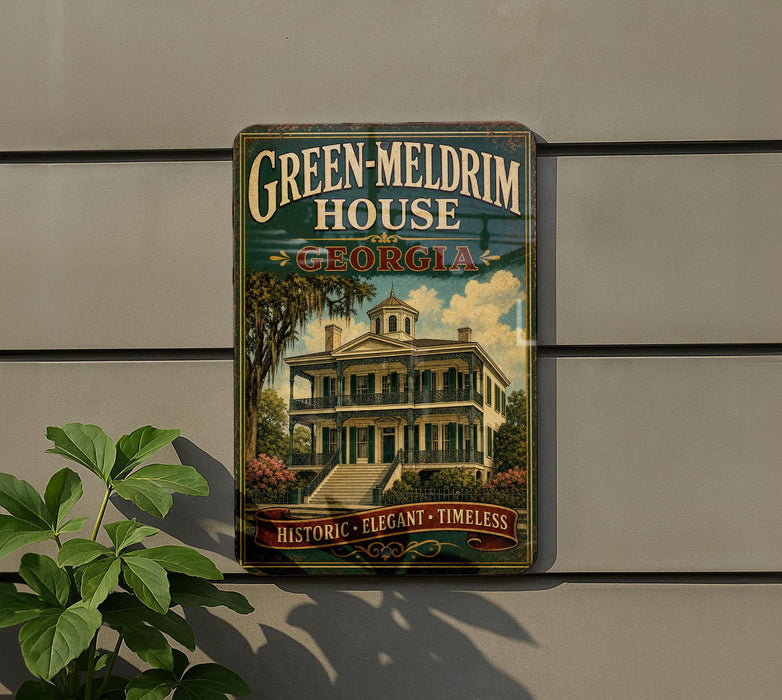 A vintage-style metal sign for the Green-MELDRIM HOUSE in Georgia, featuring a large illustration of the historic building surrounded by lush greenery.