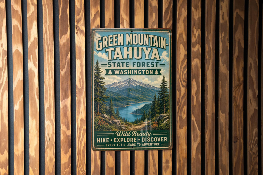 A vintage-style metal sign for Green Mountain- Tahya State Forest in Washington, featuring a scenic mountain landscape and the text "Wild Beauty Hike - Explore - Discover Every trail leads to adventure".