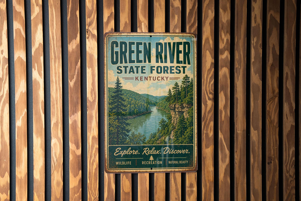 A vintage-style metal sign for the Green River State Forest in Kentucky, featuring a scenic image of the river surrounded by lush forests.