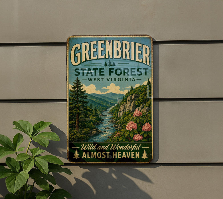 A vintage-style metal sign for the Greenbrier State Forest in West Virginia, featuring a scenic landscape with a river, mountains, and trees.