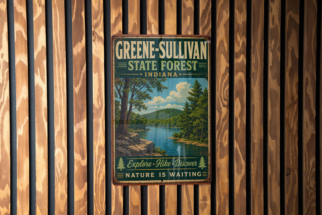 A vintage-style metal sign for Greene-Sullivan State Forest in Indiana, featuring a scenic landscape with a river and trees.